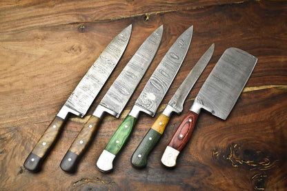 Exclusive Set of 5 Handmade Hammered Damascus Steel Chef Knives – Premium Forged Blades