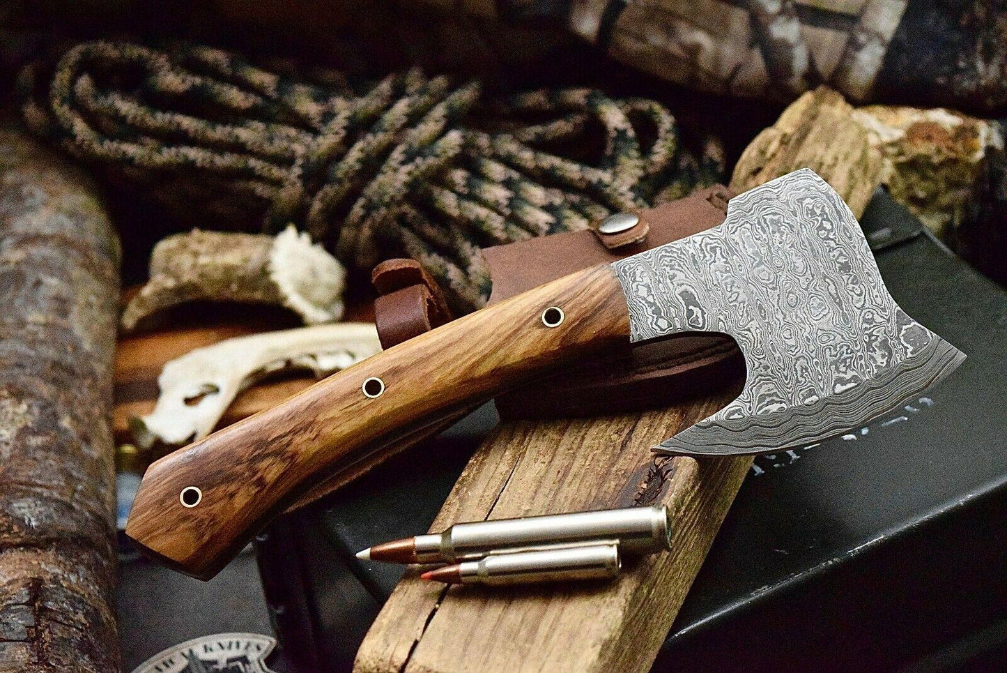 Custom Handmade Ladder Damascus Steel Small Hatchet Axe with Olive Burl Wood Handle