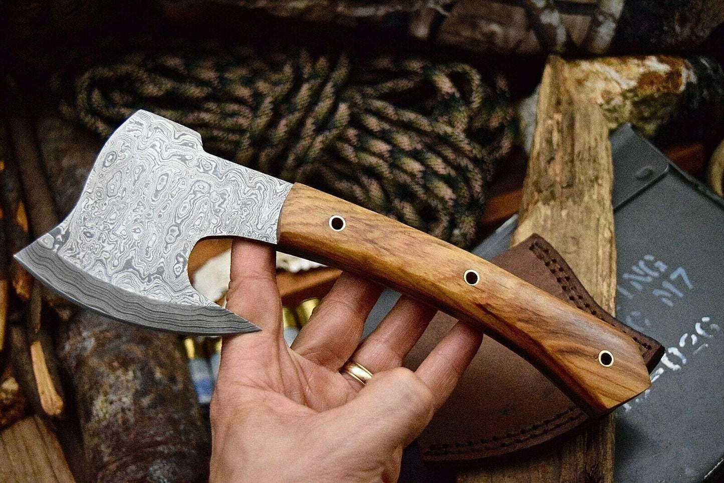 Custom Handmade Ladder Damascus Steel Small Hatchet Axe with Olive Burl Wood Handle
