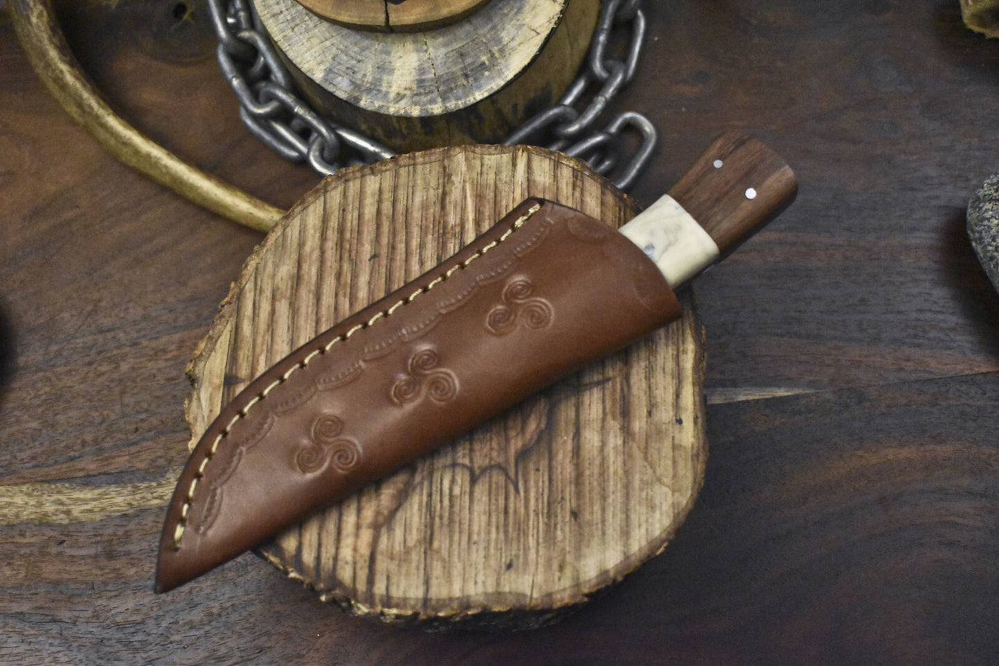 Twist Damascus Skinner Knife with Bone and Wood Handle for Camping & EDC Use