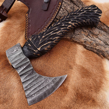 Custom Hand Forged Damascus Steel Viking Bearded Camping Hatchet Tomahawk Axe with Ash Wood Handle and Leather Sheath