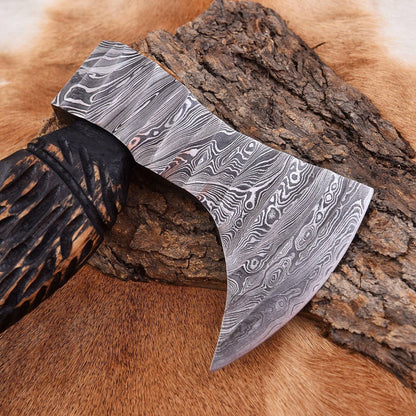 Custom Hand Forged Damascus Steel Viking Bearded Camping Hatchet Tomahawk Axe with Ash Wood Handle and Leather Sheath