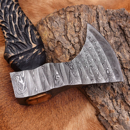 Custom Hand Forged Damascus Steel Viking Bearded Camping Hatchet Tomahawk Axe with Ash Wood Handle and Leather Sheath