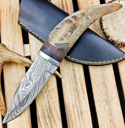 8.5" Hand Forged Damascus Bowie Knife | Ram Horn Handle