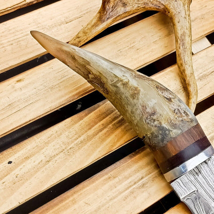 8.5" Hand Forged Damascus Bowie Knife | Ram Horn Handle