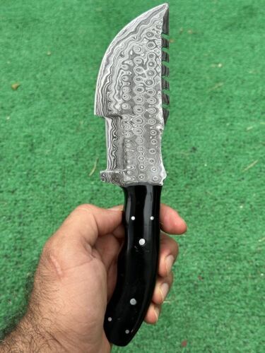 10" Custom Handmade Damascus Tracker Knife – Full Tang Hunting & Survival Blade with Bull Horn Handle