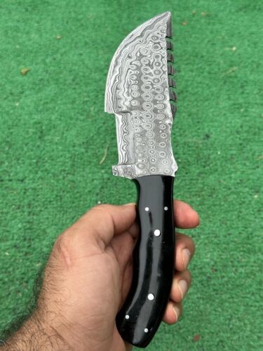 10" Custom Handmade Damascus Tracker Knife – Full Tang Hunting & Survival Blade with Bull Horn Handle