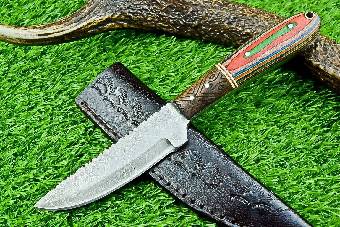 9" Full Tang Damascus Bowie Hunting Knife with Hardwood Handle – Custom Forged Blade