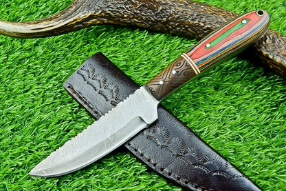 9" Full Tang Damascus Bowie Hunting Knife with Hardwood Handle – Custom Forged Blade