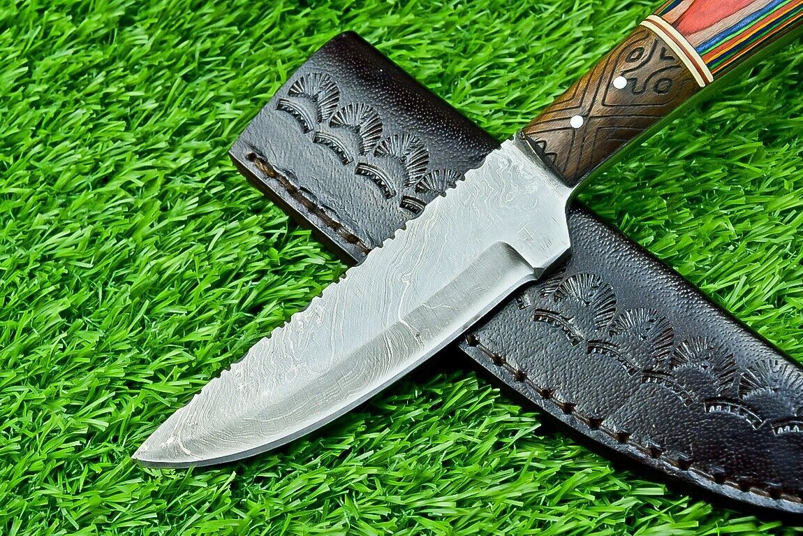 9" Full Tang Damascus Bowie Hunting Knife with Hardwood Handle – Custom Forged Blade