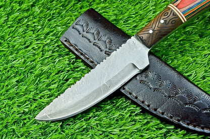 9" Full Tang Damascus Bowie Hunting Knife with Hardwood Handle – Custom Forged Blade