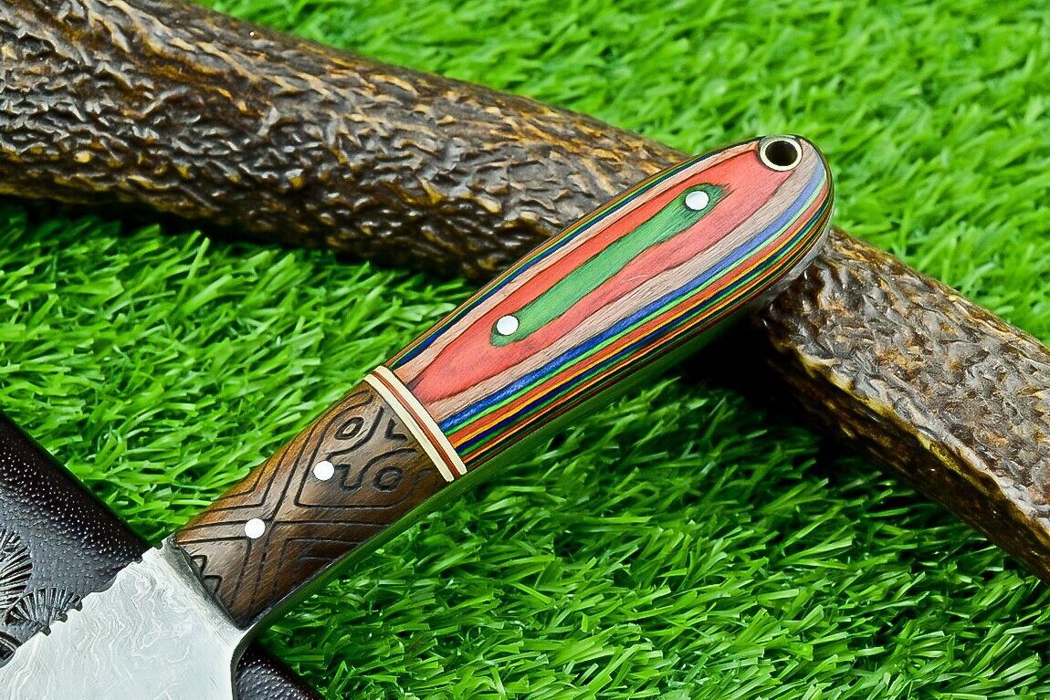 9" Full Tang Damascus Bowie Hunting Knife with Hardwood Handle – Custom Forged Blade