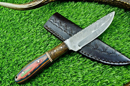 9" Full Tang Damascus Bowie Hunting Knife with Hardwood Handle – Custom Forged Blade