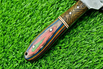 9" Full Tang Damascus Bowie Hunting Knife with Hardwood Handle – Custom Forged Blade