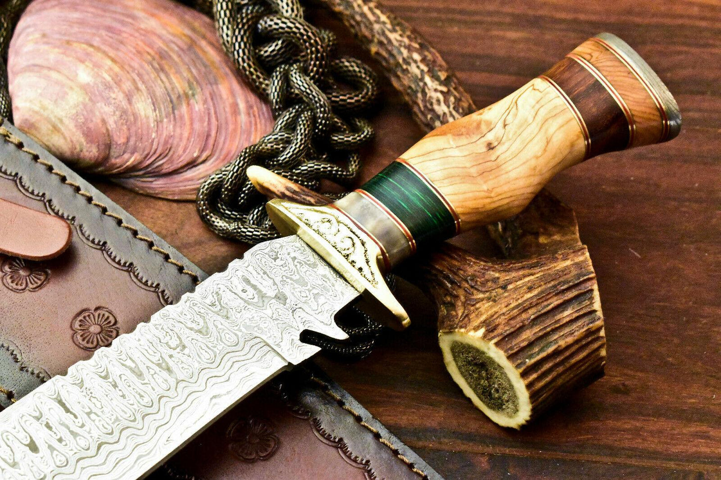 13" Handmade Damascus Bowie Hunting Knife with Olive Wood Handle