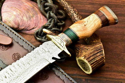13" Handmade Damascus Bowie Hunting Knife with Olive Wood Handle