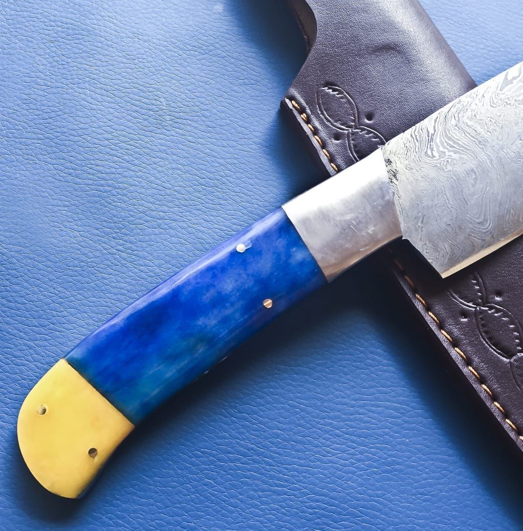 Custom Handmade Damascus Steel Chef Cleaver Knife with Leather Sheath