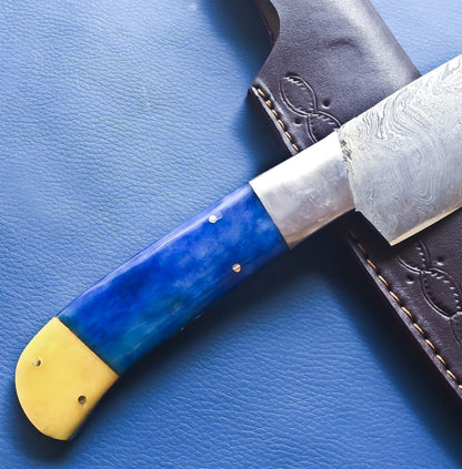 Custom Handmade Damascus Steel Chef Cleaver Knife with Leather Sheath