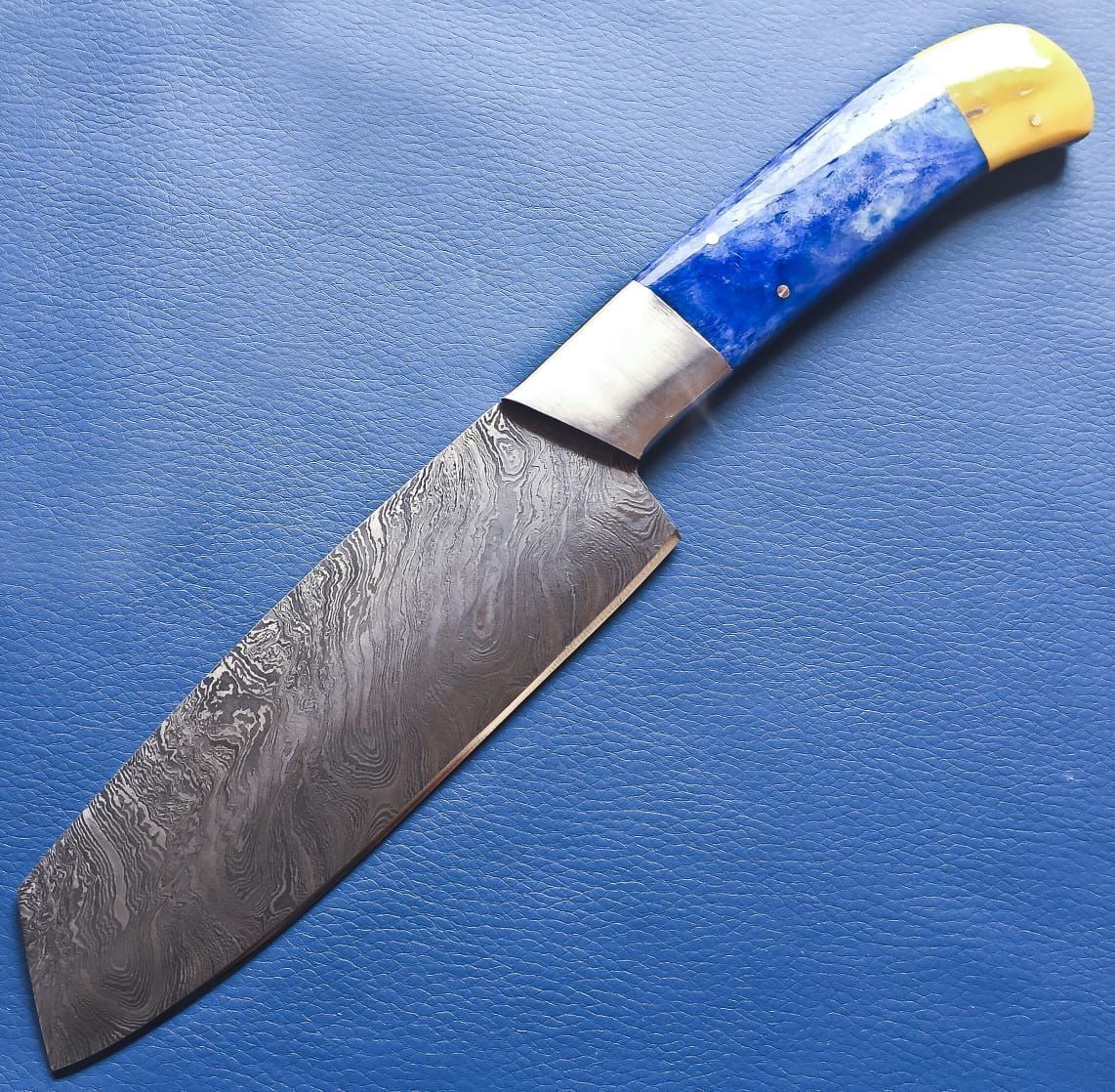 Custom Handmade Damascus Steel Chef Cleaver Knife with Leather Sheath