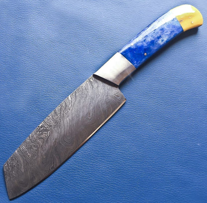 Custom Handmade Damascus Steel Chef Cleaver Knife with Leather Sheath