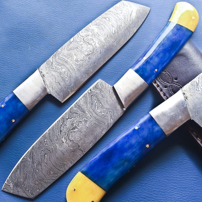 Custom Handmade Damascus Steel Chef Cleaver Knife with Leather Sheath