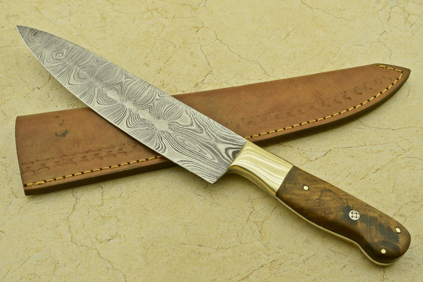 Handmade Forged Damascus Steel Chef Kitchen Knife with Olive Wood Handle – 13.5" Professional Knife