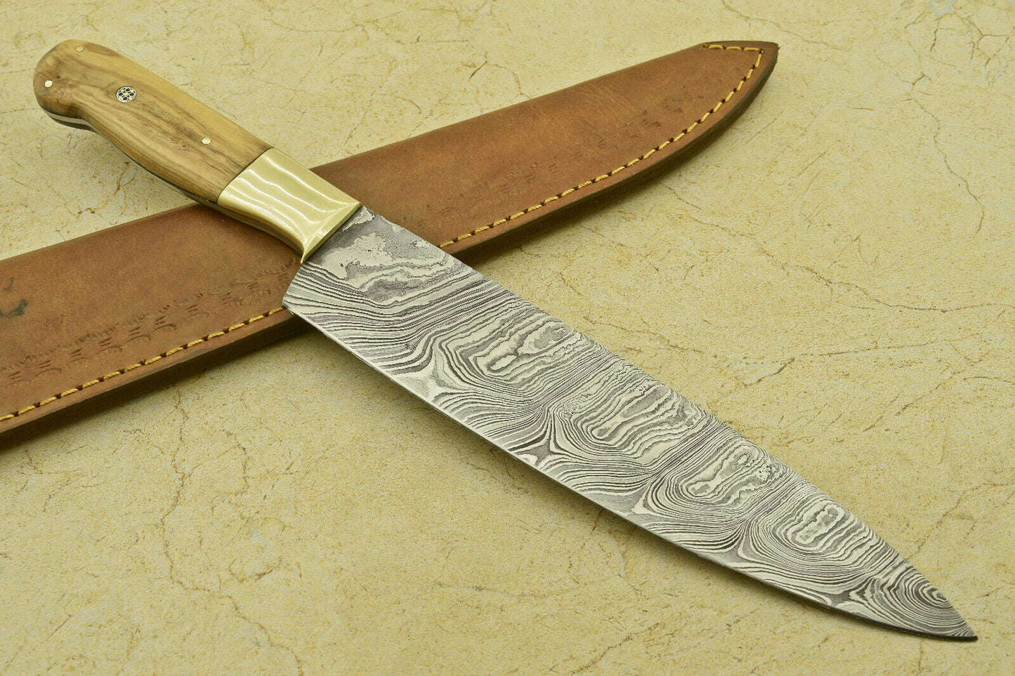 Custom Handmade Forged Damascus Steel Chef Kitchen Knife with Olive Wood Handle – 13.5" Professional Knife