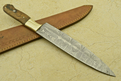 Custom Handmade Forged Damascus Steel Chef Kitchen Knife with Olive Wood Handle – 13.5" Professional Knife