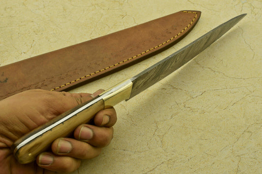 Custom Handmade Forged Damascus Steel Chef Kitchen Knife with Olive Wood Handle – 13.5" Professional Knife