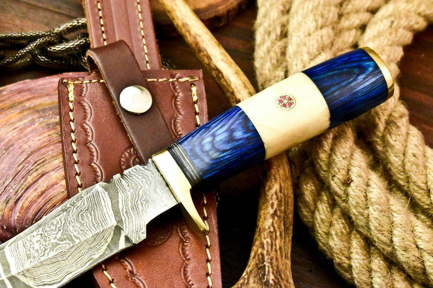10" Handmade Damascus Bowie Knife | Camel Bone Handle with Leather Sheath
