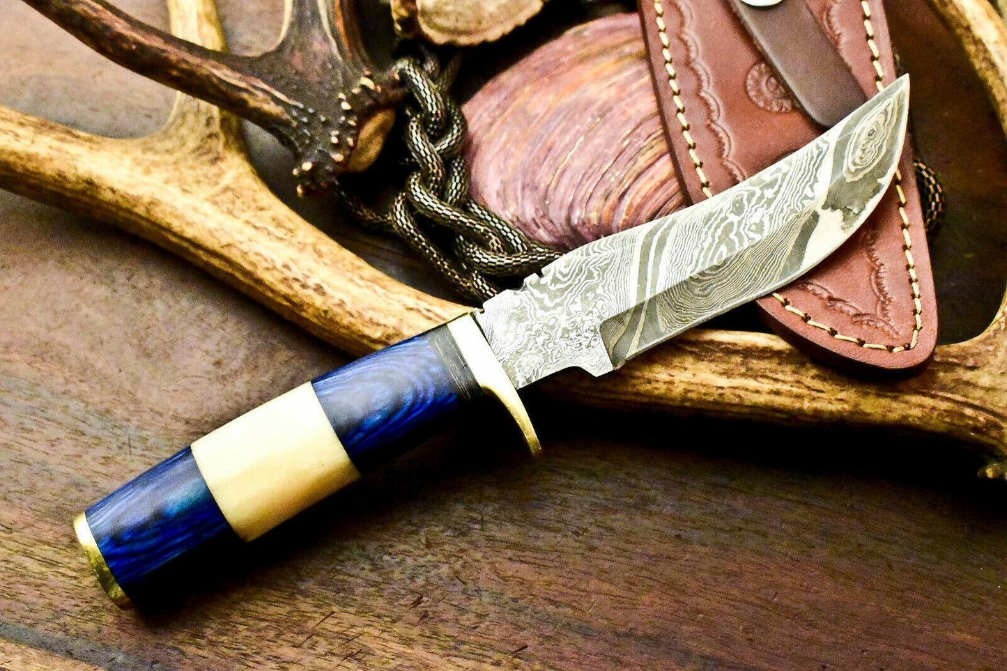 10" Handmade Damascus Bowie Knife | Camel Bone Handle with Leather Sheath