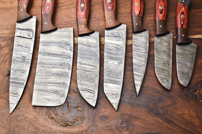 Custom Lot of 7 Handmade Hammered Damascus Steel Blade Full Tang Chef Knife Set – 384 Layers