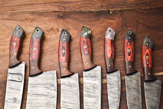 Custom Lot of 7 Handmade Hammered Damascus Steel Blade Full Tang Chef Knife Set – 384 Layers