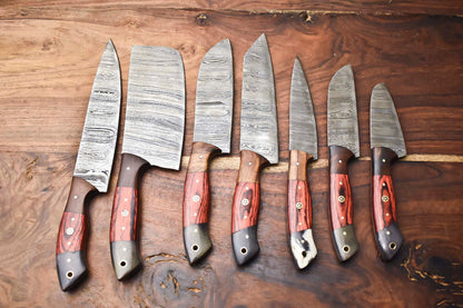 Custom Lot of 7 Handmade Hammered Damascus Steel Blade Full Tang Chef Knife Set – 384 Layers