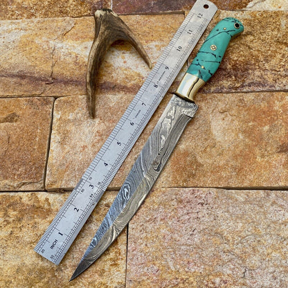 Artisan Damascus Fillet Chef Knife – Hand Forged with Brass Bolster