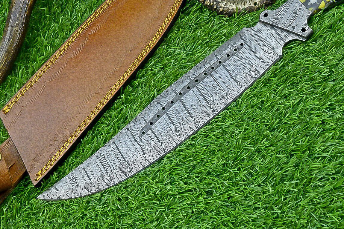 16 Inch Custom Forged Damascus Bowie Knife with Resin Handle and Damascus Bolster