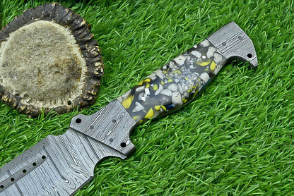 16 Inch Custom Forged Damascus Bowie Knife with Resin Handle and Damascus Bolster