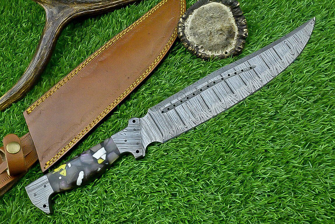 16 Inch Custom Forged Damascus Bowie Knife with Resin Handle and Damascus Bolster