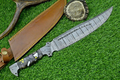 16 Inch Custom Forged Damascus Bowie Knife with Resin Handle and Damascus Bolster
