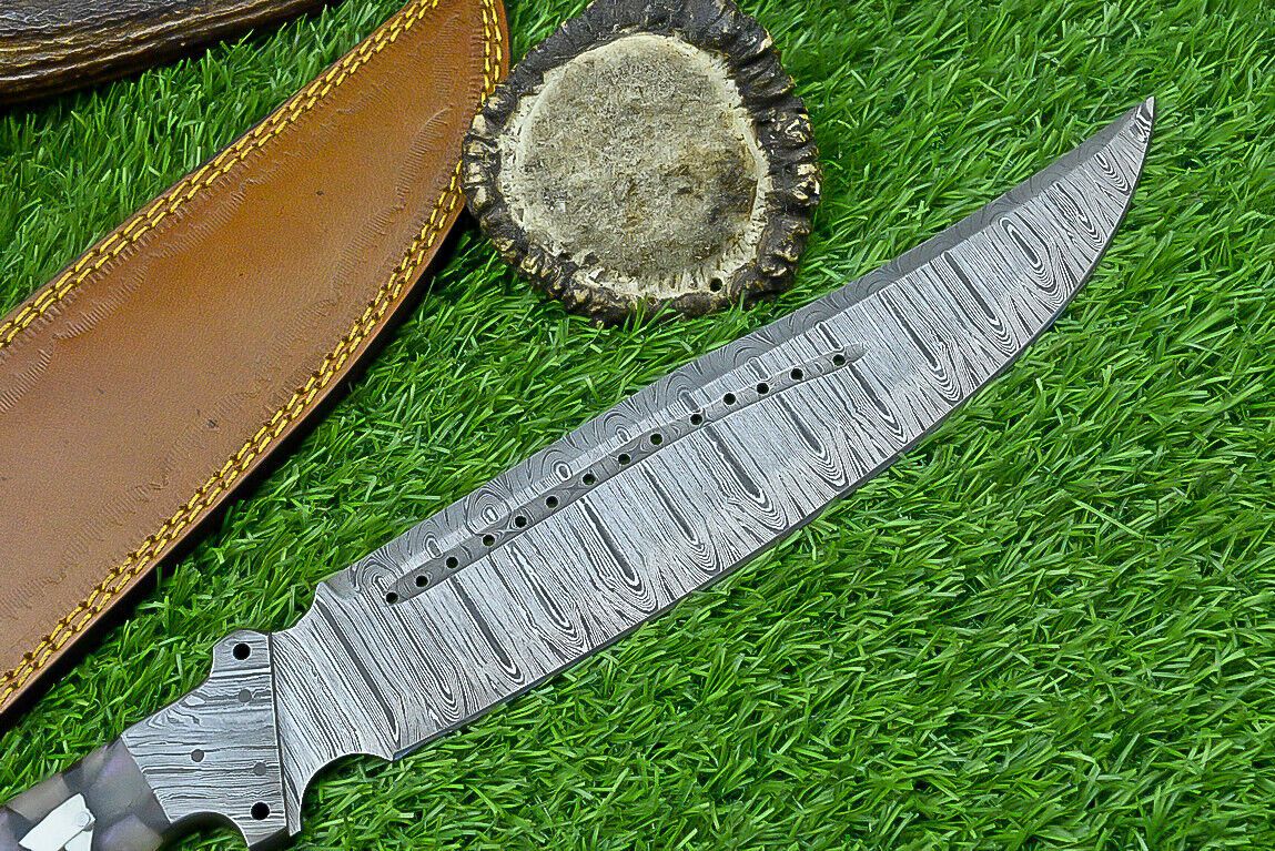 16 Inch Custom Forged Damascus Bowie Knife with Resin Handle and Damascus Bolster