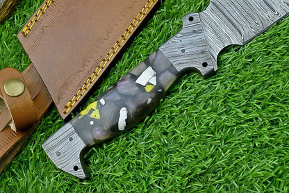16 Inch Custom Forged Damascus Bowie Knife with Resin Handle and Damascus Bolster