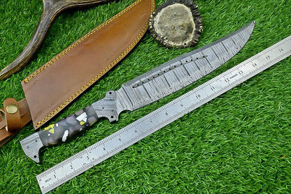 16 Inch Custom Forged Damascus Bowie Knife with Resin Handle and Damascus Bolster