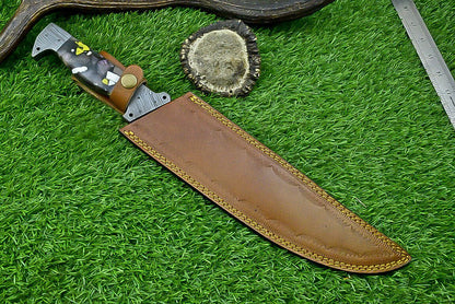 16 Inch Custom Forged Damascus Bowie Knife with Resin Handle and Damascus Bolster