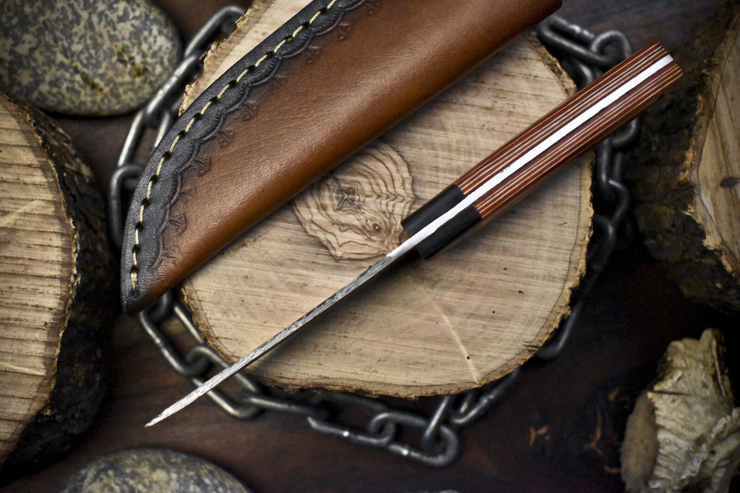 Twist Damascus Skinner Knife with Hardwood Handle and Wooden Bolster – Unique EDC Blade
