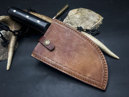 Handmade Damascus Steel Kitchen Chef Cleaver – Full Tang EDC Knife with Wood Handle & Leather Cow Sheath