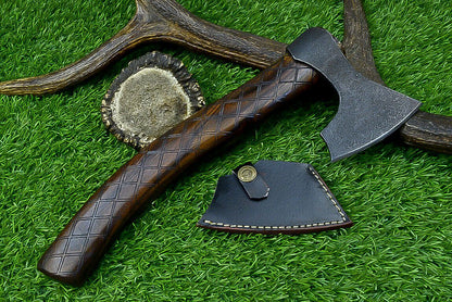 Handcrafted Viking Tomahawk Axe – Carbon Steel Blade with Rose Wood Handle and Leather Sheath, 12 Inch