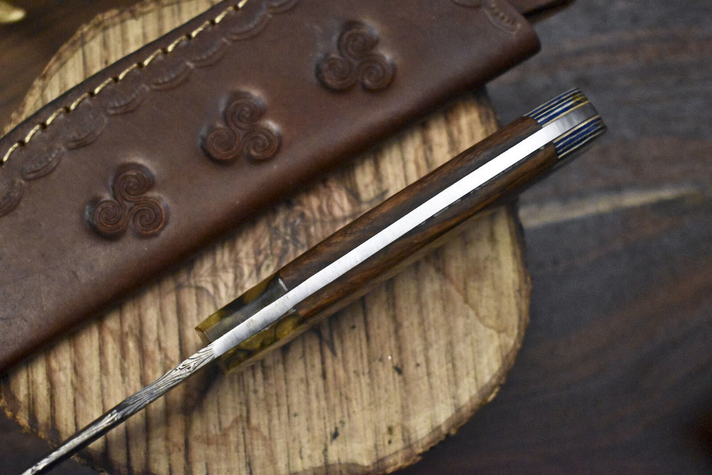 9.5 in Twist Damascus Skinner Knife Walnut Wood Handle for Hunting and Camping