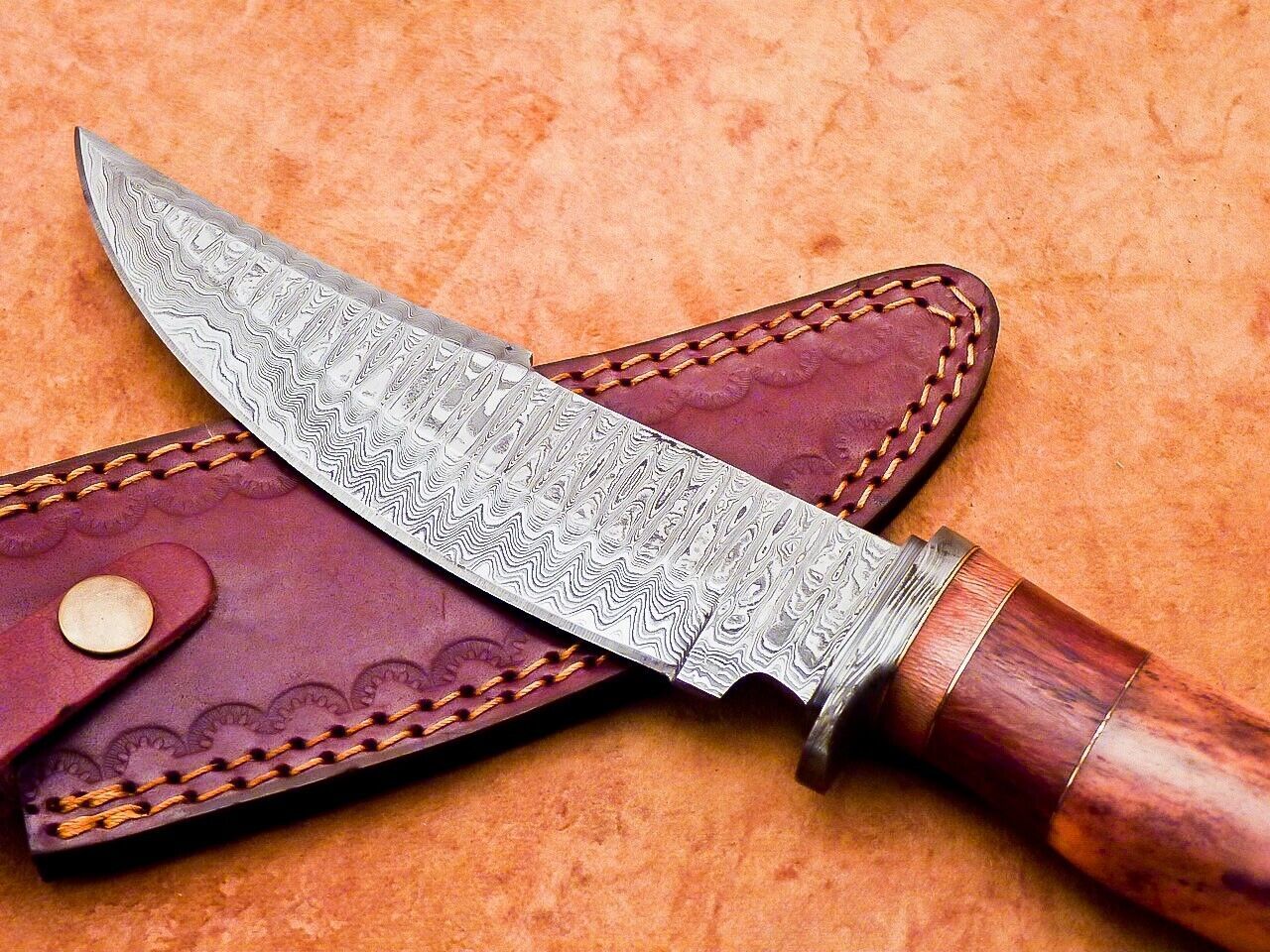 12" Damascus Steel Bowie Knife with Camel Bone Handle – Handmade by Heritage Forge