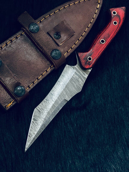 10.25" Fire Damascus Tanto Knife – Bone & Wood Handle with Brass Spacers