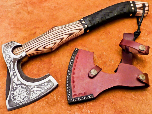 Hand Forged Steel Viking Bearded Camping Hatchet Tomahawk Axe with Natural Wood Handle and Leather Sheath